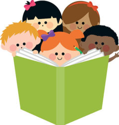 Vector illustration of a happy multi ethnic group of children reading together a big book.